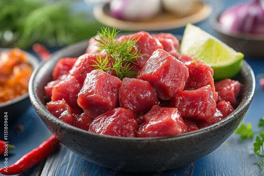 Diced Beef in a Bowl with Lime and Dill Diced Beef in a Bowl with Lime and Dill