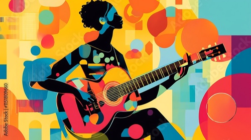 A Black Woman Playing a Guitar in an Abstract Setting