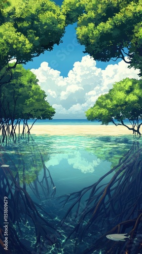 Serene beach scene, mangrove roots, clear water.