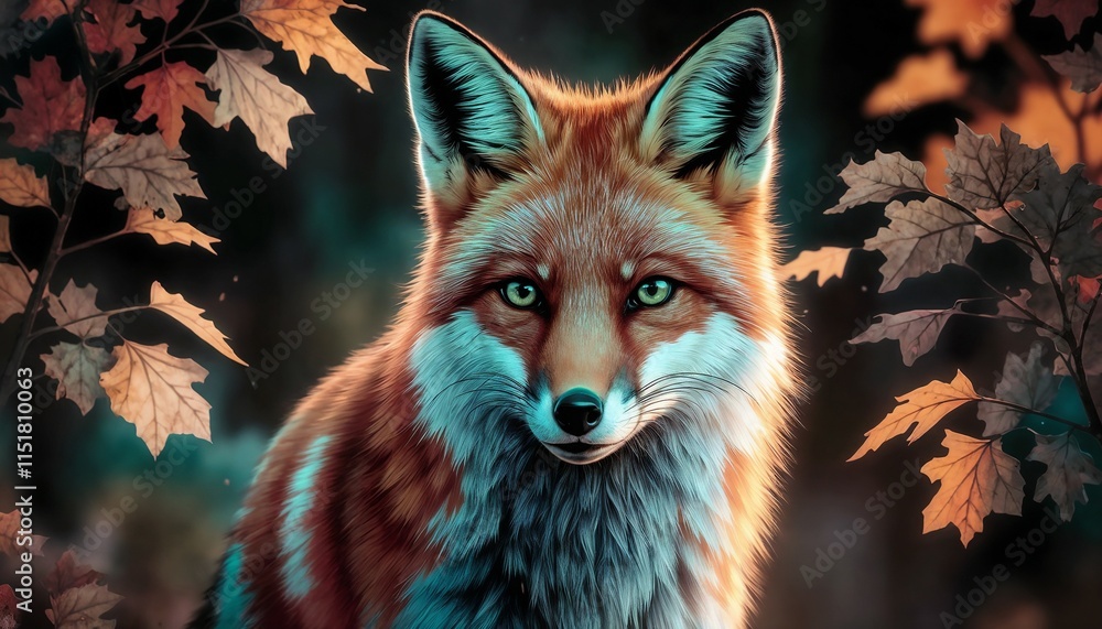 Fototapeta premium Artistic Fox Portrait with Teal and Orange Tones against Autumn Background 