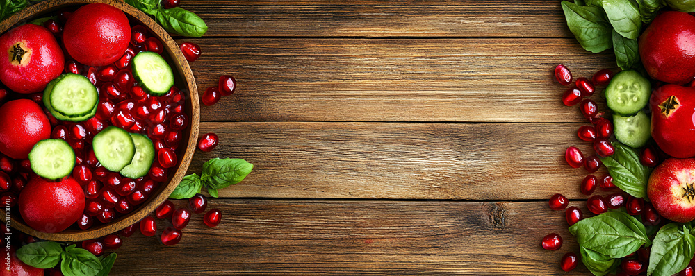Vibrant Pomegranate & Cucumber Salad on Rustic Wood Background Vibrant Pomegranate & Cucumber Salad on Rustic Wood Background