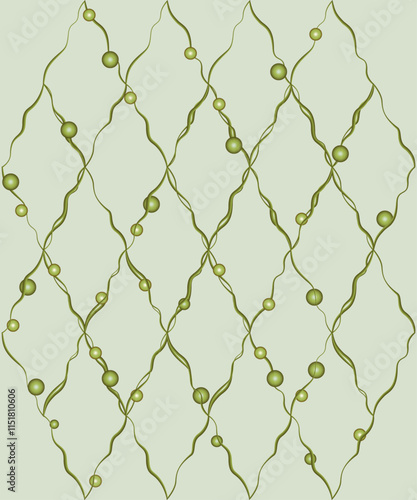 Grid of curved lines vector illustration. Soft green plant element on green background. Abstract geometry rhomb grid design element. Fantasy graceful plant ornament for decor.