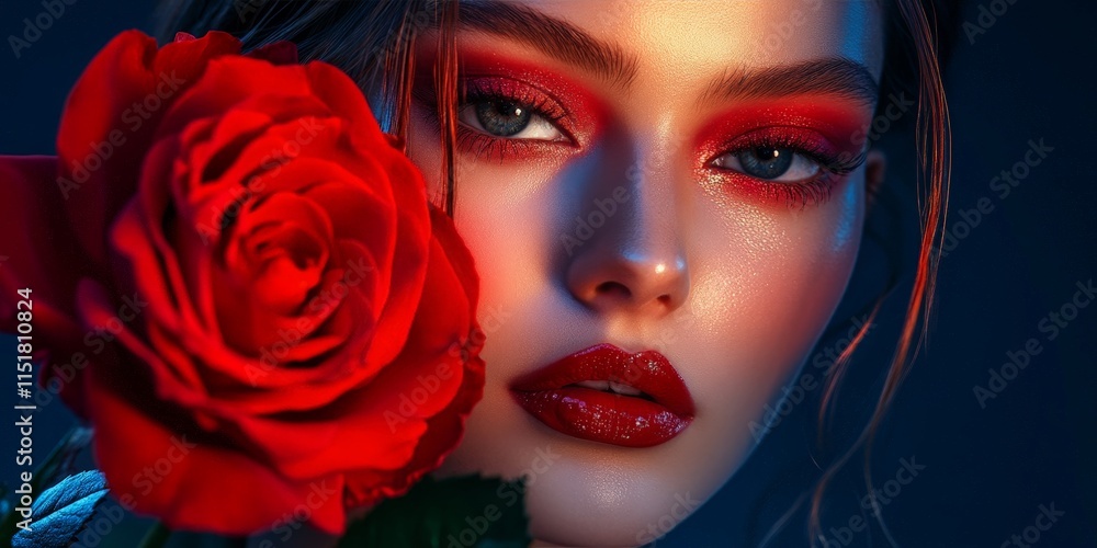 Conceptual portrait with bold red rose aesthetics Conceptual portrait with bold red rose aesthetics