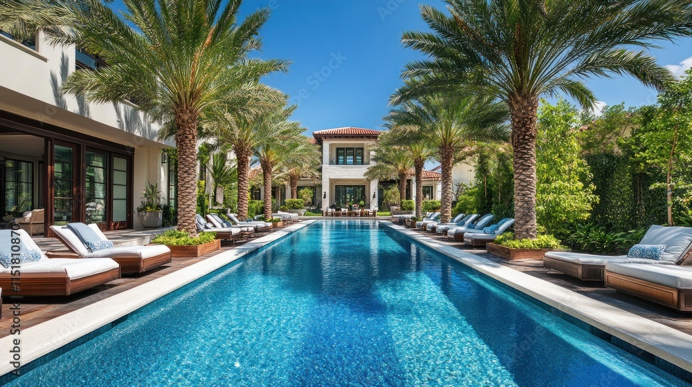 Fototapeta premium A long, narrow pool with blue water and lounge chairs on either side. Palm trees are in the background with a house visible through the trees. The sky is blue and clear.