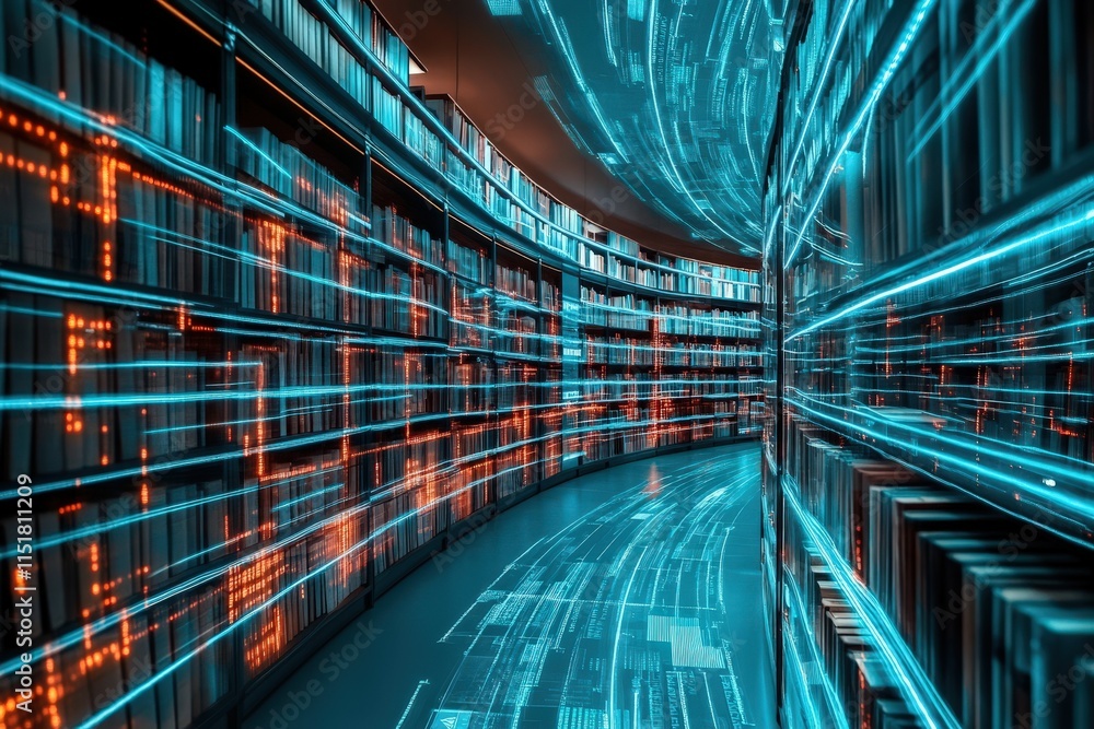 Naklejka premium Futuristic Library with Illuminated Bookshelves and Data Streams