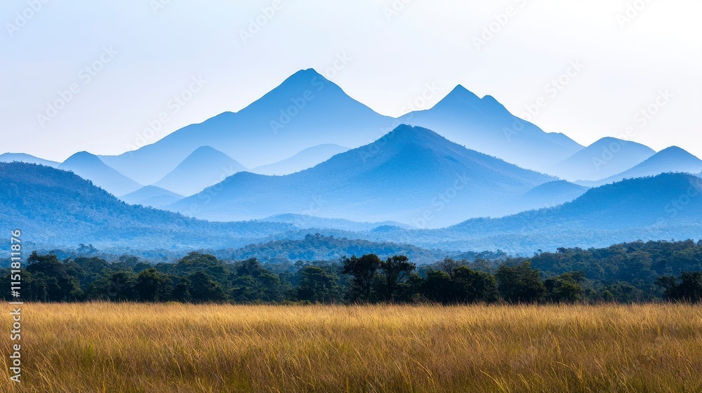 Breathtaking View of Mountain Range with Layered Peaks and Soft Blue Hues Under Clear Sky, Surrounded by Lush Green Forest and Golden Grassland Breathtaking View of Mountain Range with Layered Peaks and Soft Blue Hues Under Clear Sky, Surrounded by Lush Green Forest and Golden Grassland