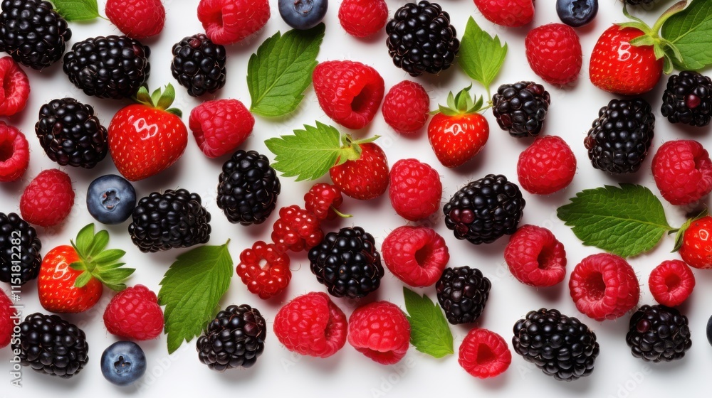 A dynamic arrangement of berries, such as raspberries, blackberries, and strawberries, forming a colorful pattern on a white background, symbolizing health and vitality A dynamic arrangement of berries, such as raspberries, blackberries, and strawberries, forming a colorful pattern on a white background, symbolizing health and vitality