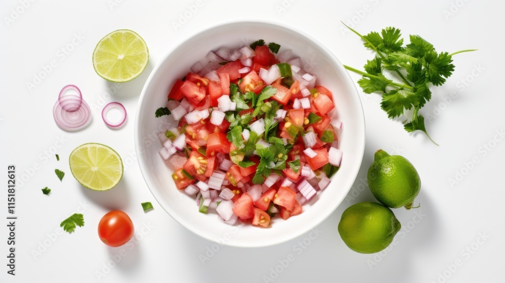 A dynamic flat-lay shot of pico de gallo in a small bowl, surrounded by fresh ingredients like tomatoes, onions, and limes, arranged on a pristine white canvas A dynamic flat-lay shot of pico de gallo in a small bowl, surrounded by fresh ingredients like tomatoes, onions, and limes, arranged on a pristine white canvas