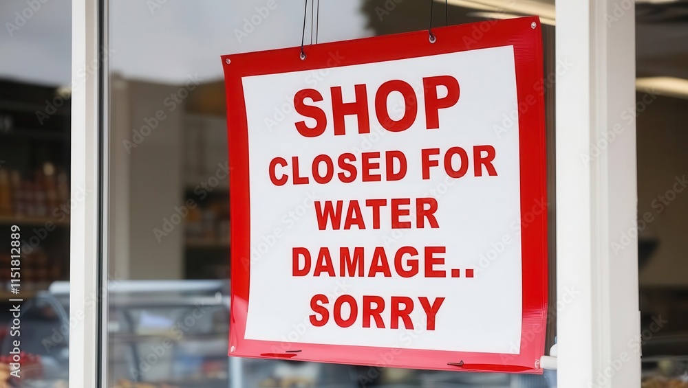 A sign indicates the shop is closed due to water damage, with a simple apology for the inconvenience. A sign indicates the shop is closed due to water damage, with a simple apology for the inconvenience.