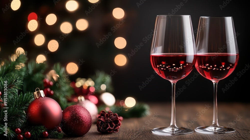 festive cheer: Two glasses of red wine on a wooden table, christmas ornaments and evergreen branches in the foreground, warm bokeh lights in the background. festive cheer: Two glasses of red wine on a wooden table, christmas ornaments and evergreen branches in the foreground, warm bokeh lights in the background.