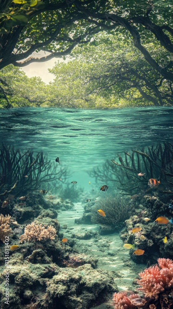 Fototapeta premium Underwater coral reef scene, vibrant fish, lush canopy.