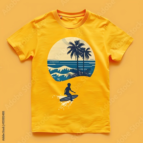 Surfing and beach theme graphic on a boys' t-shirt, with a solid yellow background. photo