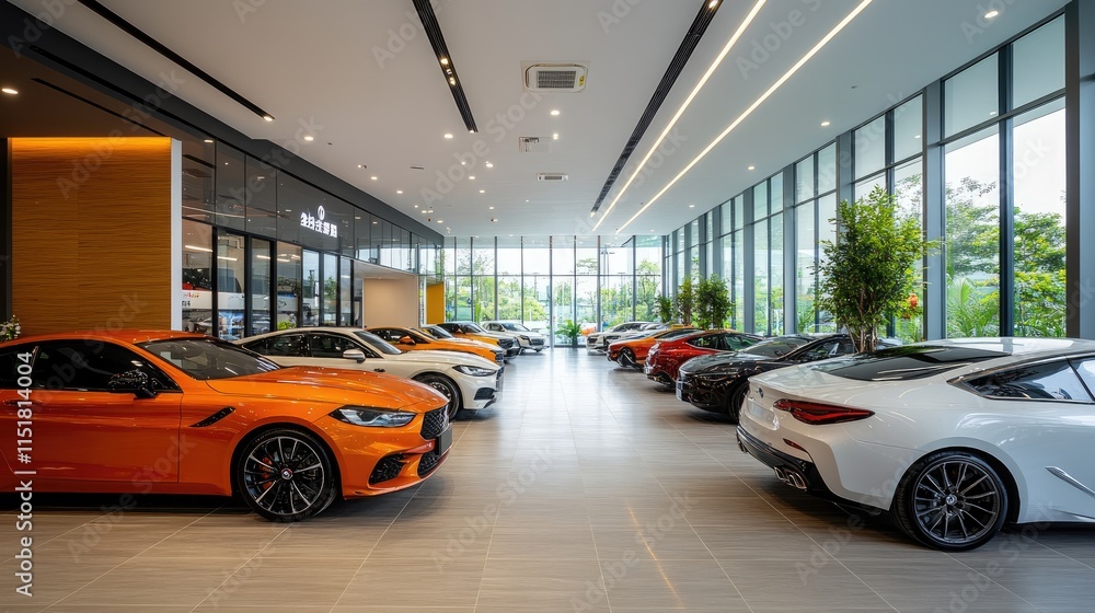 Obraz premium Sleek and colorful cars line the spacious showroom, illuminated by natural light, inviting discerning buyers to explore high-end models