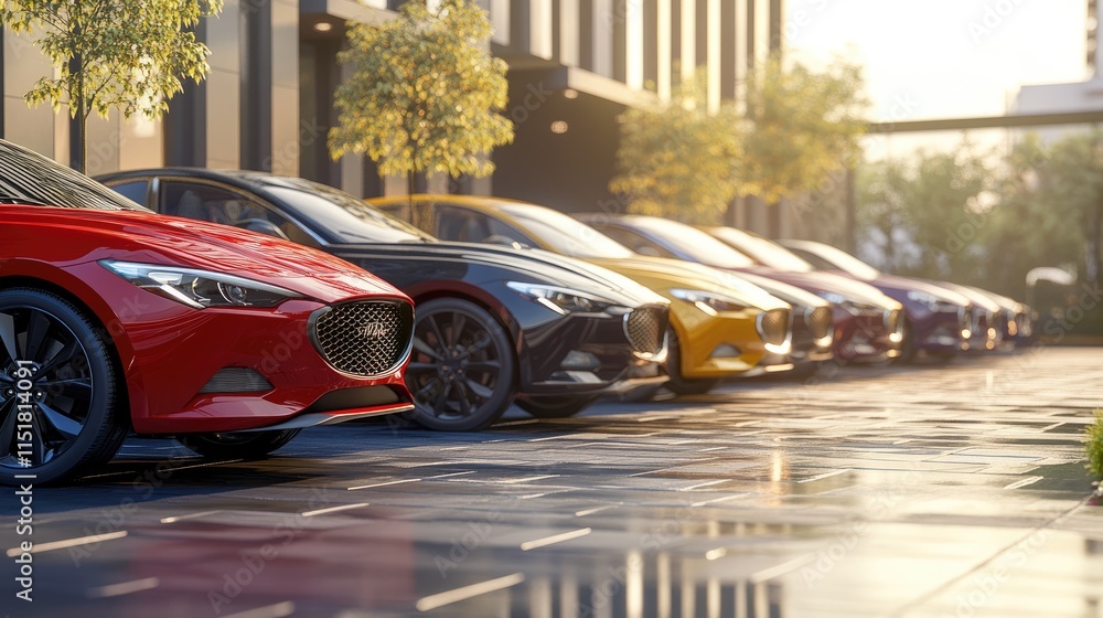 Sleek vehicles shine under the golden hour, arranged neatly in a stylish urban environment, highlighting contemporary aesthetics