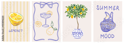 Lemon, cocktail and lemon tree in blue Mediterranean vase. Vector elegant colorful doodle illustration of lemons, frames for poster, invitation, placard. Italian style vacation vector illustration.