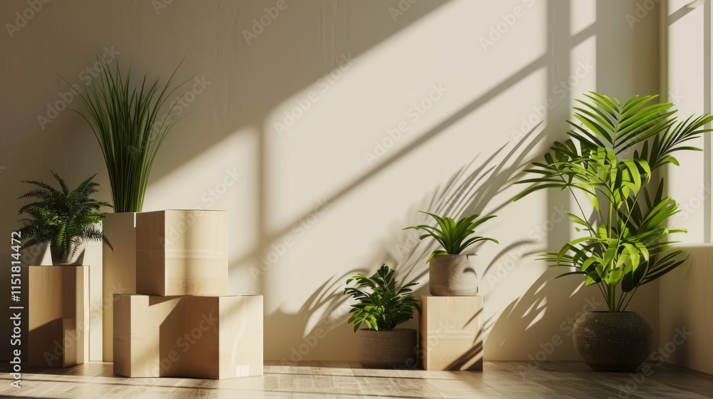 Fresh Start: 3D Empty Room with Boxes, Plants, and Green Background Fresh Start: 3D Empty Room with Boxes, Plants, and Green Background
