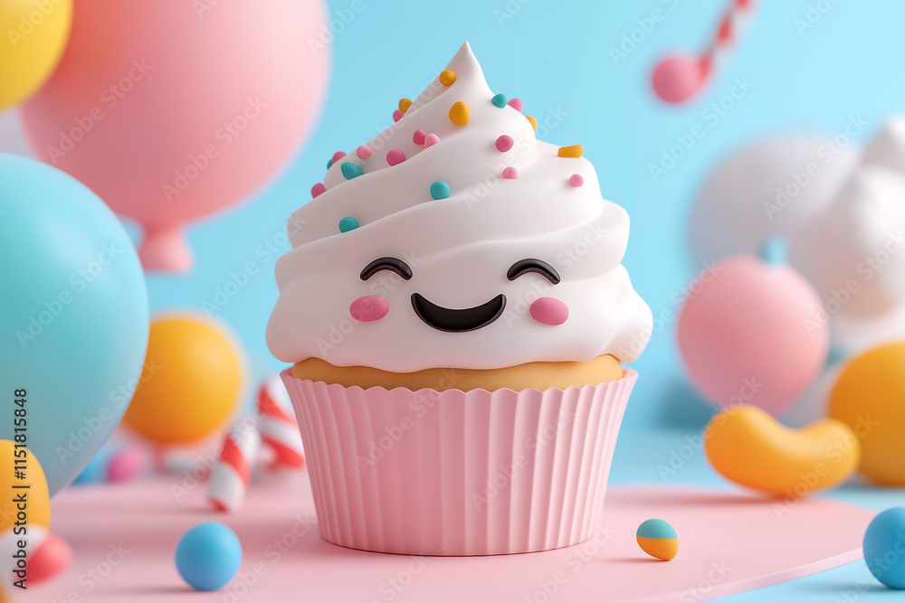 Adorable 3D Rendered Cupcake with Smiling Face Surrounded by Colorful Balloons and Candy for Birthday Celebration Adorable 3D Rendered Cupcake with Smiling Face Surrounded by Colorful Balloons and Candy for Birthday Celebration