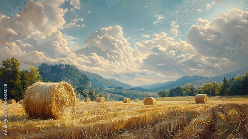 Rural landscape with a field of hay bales photo