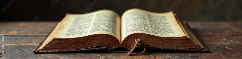 Fototapeta premium Ancient tome bound in worn leather lies open on a dusty altar, mystical artifacts, dim lighting, mystical energy