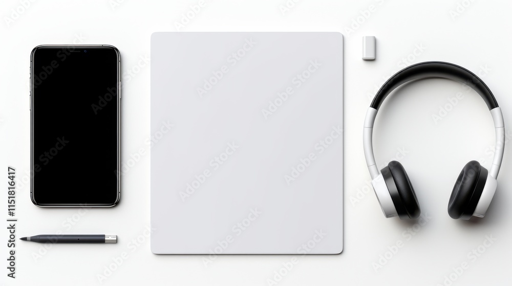 A flat-lay of a blank smartphone screen on a clean white surface, surrounded by modern tech gadgets like earbuds and a tablet A flat-lay of a blank smartphone screen on a clean white surface, surrounded by modern tech gadgets like earbuds and a tablet