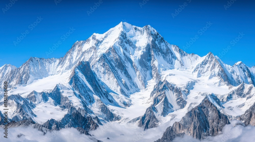 Obraz premium Majestic Snow-Capped Mountain Landscape Under Clear Blue Sky Displaying Stunning Peaks, Glaciers, and a Serene Environment Ideal for Adventure and Travel Enthusiasts