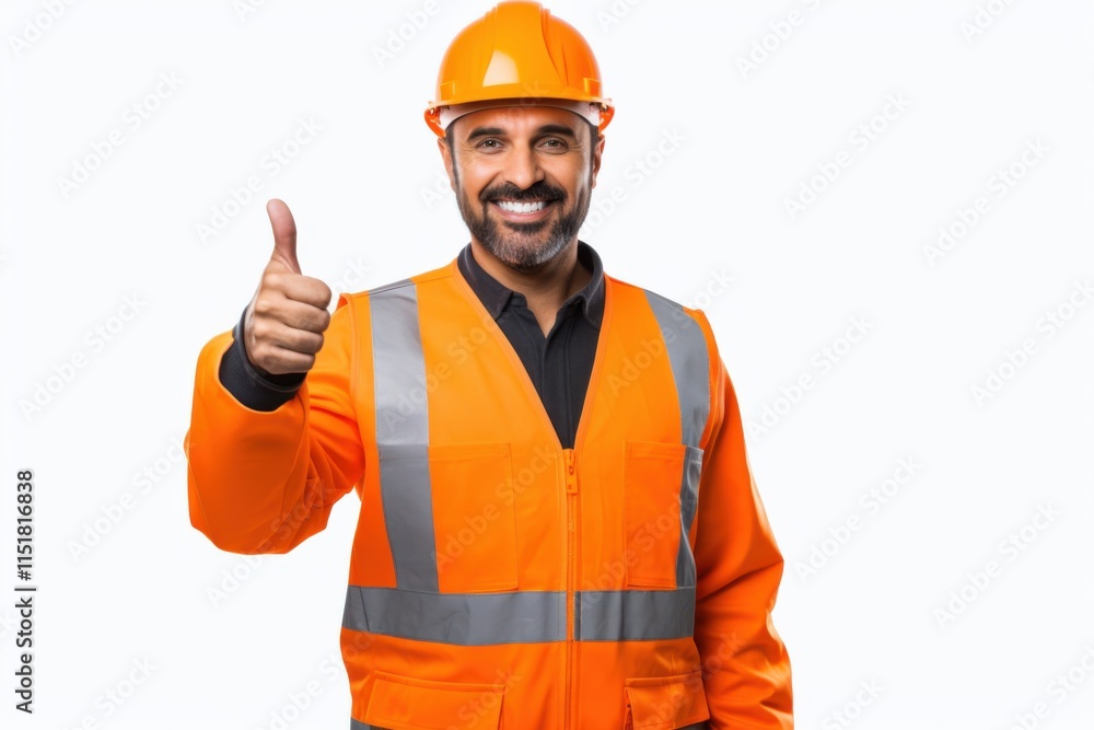 A focused shot of a single worker in an orange safety jacket and helmet, holding a clipboard and smiling proudly, set against a seamless white backdrop A focused shot of a single worker in an orange safety jacket and helmet, holding a clipboard and smiling proudly, set against a seamless white backdrop