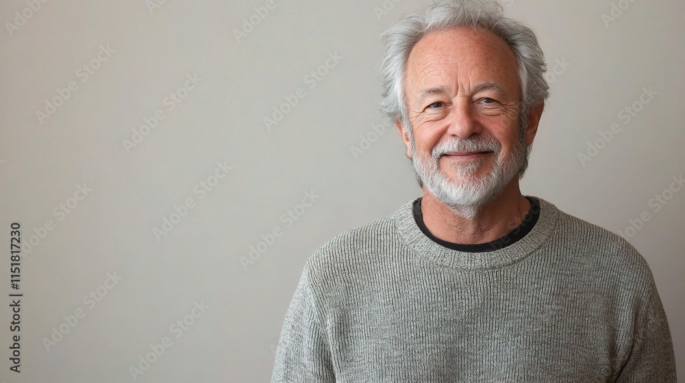 Smiling Older Man with Gray Hair and Beard in Casual Sweater Smiling Older Man with Gray Hair and Beard in Casual Sweater
