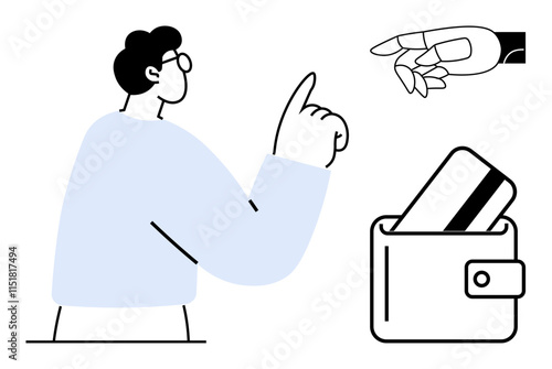 Man pointing with finger, robotic hand, and wallet with credit card. Ideal for technology, finance, innovation, human-robot interaction, security modern lifestyle and advancements. Line metaphor