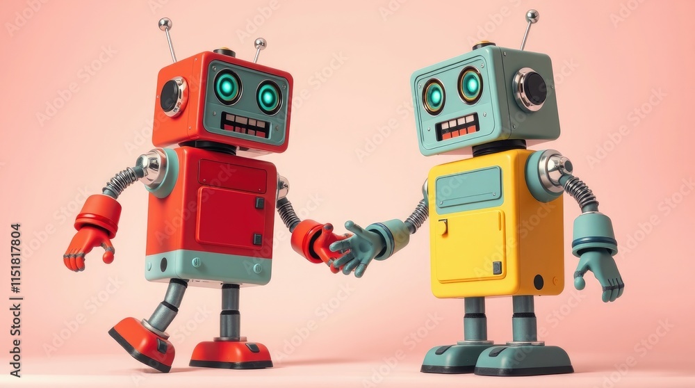 Naklejka premium Joyful robots engage in an entertaining dance, expressing creativity and fun as they share a moment together. The vibrant colors resonate with energy