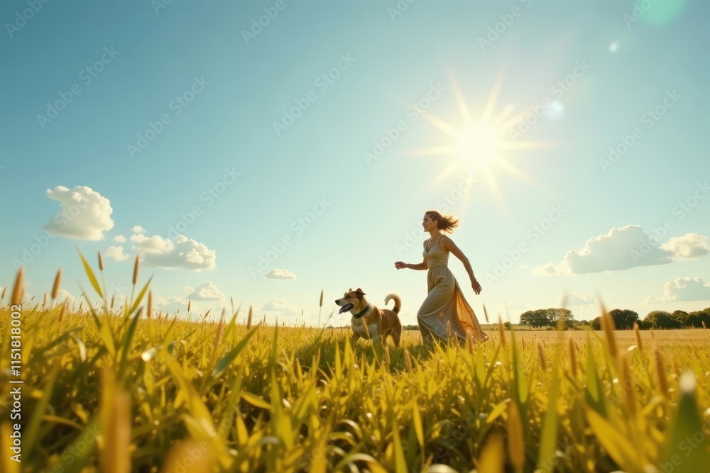 Female figure in a field with her dog running free, flowers, dog Female figure in a field with her dog running free, flowers, dog