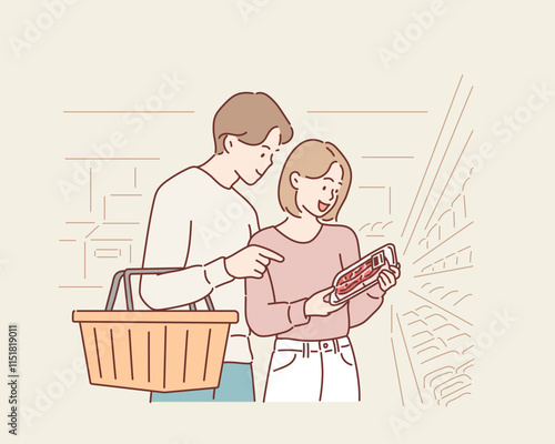 The couple is grocery shopping at the supermarket. Hand drawn style vector design illustrations.