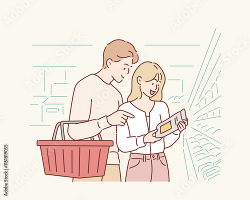 The couple is grocery shopping at the supermarket. Hand drawn style vector design illustrations.
