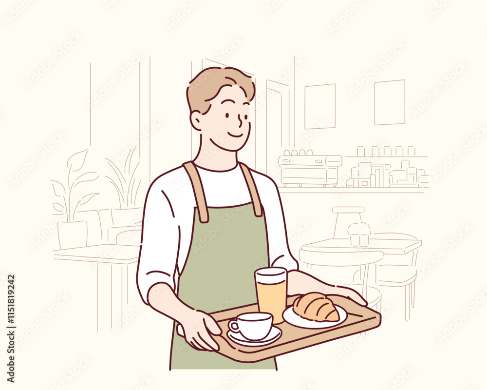 The clerk is serving the ordered menu at the cafe. Hand drawn style vector design illustrations. The clerk is serving the ordered menu at the cafe. Hand drawn style vector design illustrations.