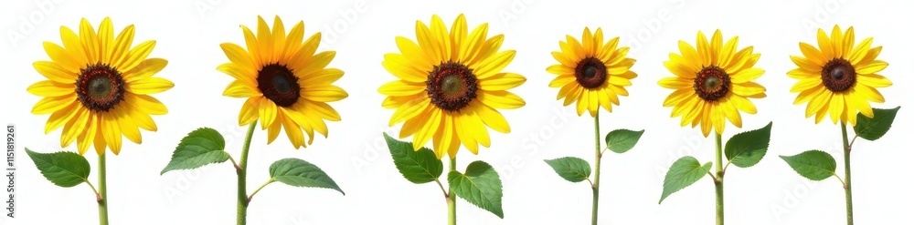 Naklejka premium isolated sunflower with multiple stems and leaves on white background, photography, sunflowers