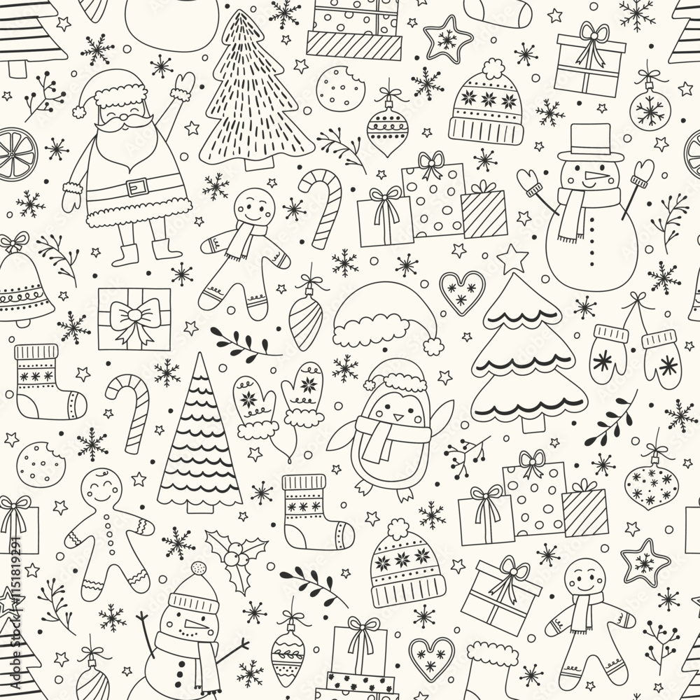 Fototapeta premium Christmas background design. Seamless pattern with cartoon ornaments. Vector illustration