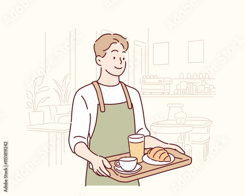 The clerk is serving the ordered menu at the cafe. Hand drawn style vector design illustrations.