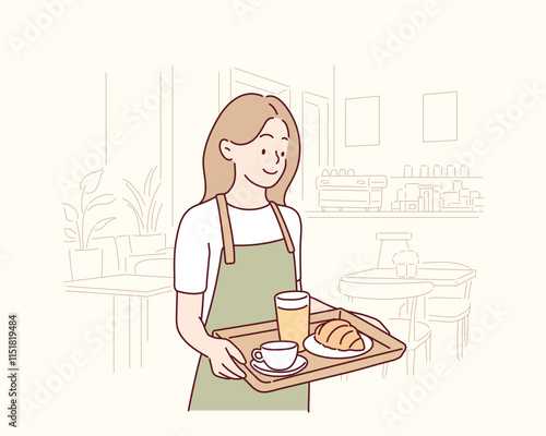 The clerk is serving the ordered menu at the cafe. Hand drawn style vector design illustrations.