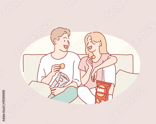 The couple is talking while eating snacks. Hand drawn style vector design illustrations.