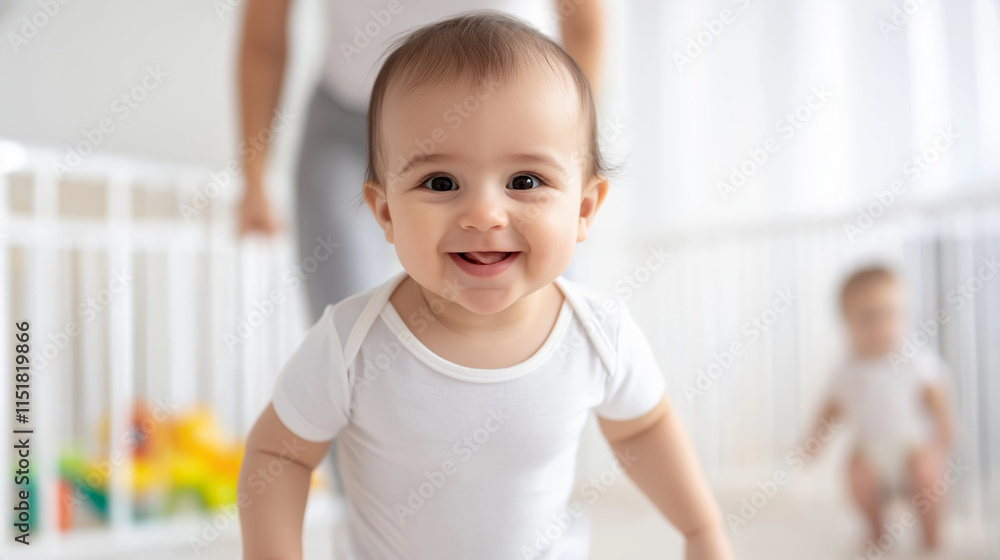 Adorable baby smiling and playing in a playpen while parent exercises at home, promoting healthy lifestyle and family bonding Adorable baby smiling and playing in a playpen while parent exercises at home, promoting healthy lifestyle and family bonding