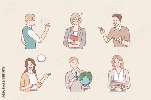 character set of man and woman teacher, tutor and educator. Hand drawn style vector design illustrations.