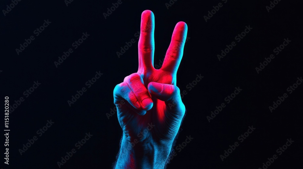 Neon Lit Hand Showing Peace Sign Gesture