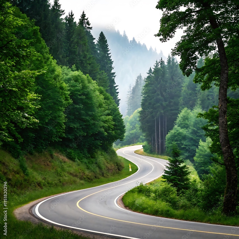 A winding road surrounded by lush green forest and misty hills in the distance.
A winding road surrounded by lush green forest and misty hills in the distance.