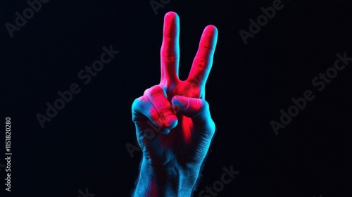 Obraz na płótnie Neon Lit Hand Showing Peace Sign Gesture w salonie