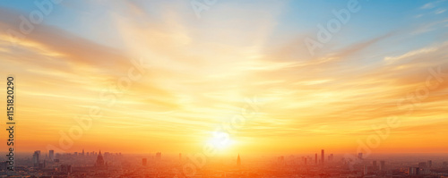 Aerial panorama showing metropolitan skyline glowing during golden hour, revealing urban landscape embracing dramatic sunset lighting and architectural silhouettes photo