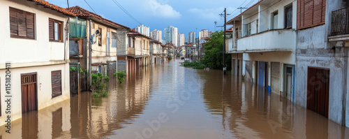 Murky water flooding roads and courtyards, creating chaos in a residential neighborhood after experiencing heavy rain and storms photo