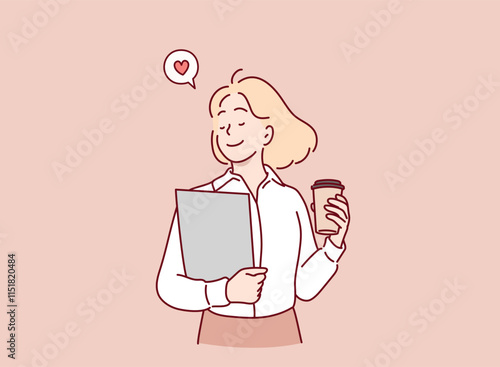 A woman happily heading to work while holding a takeout coffee. Hand drawn style vector design illustrations.
