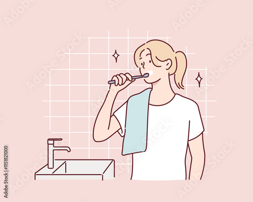 She is brushing her teeth in the bathroom. Hand drawn style vector design illustrations.