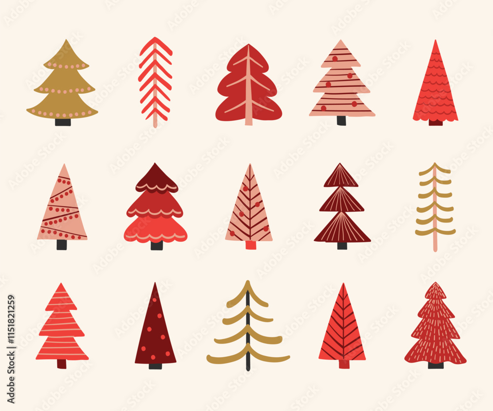 Obraz premium Colourful Christmas tree collection. Holiday ornaments. Vector illustration