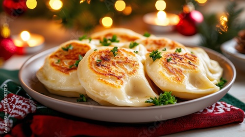 Golden-brown fried pierogi garnished with parsley, served on plates with festive Christmas decorations in the background. photo