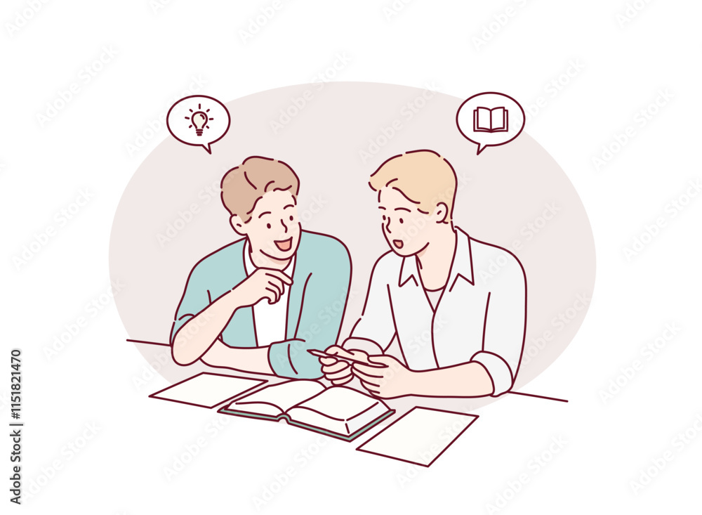 Friends, writing or students reading book in college for education, project or study at university library. Hand drawn style vector design illustrations. Friends, writing or students reading book in college for education, project or study at university library. Hand drawn style vector design illustrations.